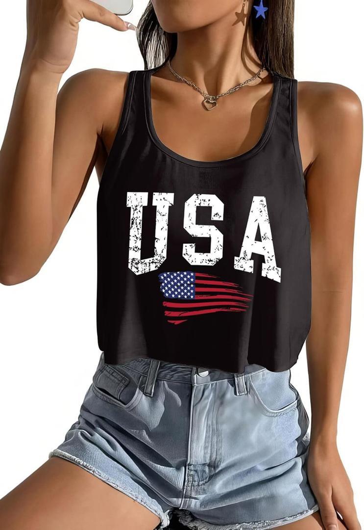 Women's American Flag Tank Top, USA Patriotic Sleeveless Crop Tops, 4th of July Camis Shirt (US, Alpha, Medium, Regular, Regular, Black-403) (Black, Medium)