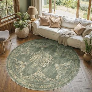 jinchan Round Rug 6ft Area Rugs Vintage Floral Distressed Design,Machine Washable Soft Non-Slip Low-Pile Ultra-Thin Circle Rug for Bedside Living Room Dining Room Bedroom (6' Round, Dark Green)