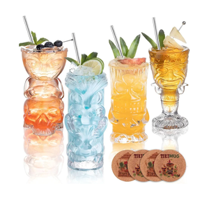 Clear Tiki Glasses Set of 4 - Exotic Tropical Cocktail Glasses with Straws and Coasters,Hawaiian Style Tiki Mugs for cocktails,Mai Tai, Zombie and Pia Colada,Tiki Bar Drinkware.