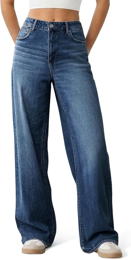 Women's Wide Leg Jeans High Waisted Baggy Straight Leg Loose Stretchy Casual Denim Pants L