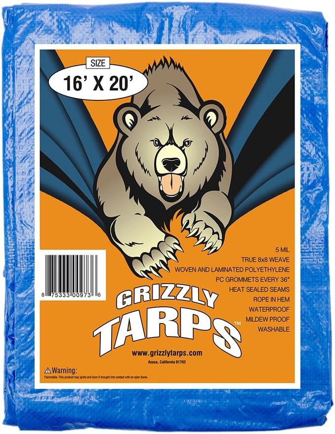 Grizzly Tarps by B-Air 16' x 20' Large Multi-Purpose Waterproof Heavy Duty Poly Tarp with Grommets Every 36", 8x8 Weave, 5 Mil Thick, for Home, Boats, Cars, Camping, Protective Cover, Blue
