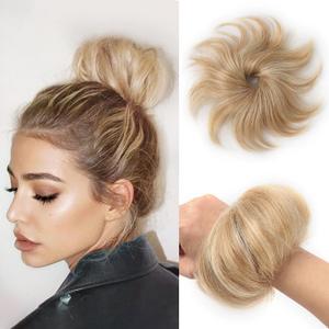Messy Bun Hair Piece Human Hair Wavy Ash Blonde Highlighted Bleach Blonde Donut Stretchy Fluffy Tousled Updo Ponytail Extensions(1 Count #P18-613
