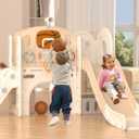 XJD 8 in 1 Toddler Slide Set, Kids Slide for Toddlers Age 1+, Toddler Climber Slide PlaySet with Basketball Hoop and Ball,Outdoor Indoor Playground for Toddlers 1-3 (Beige Coffee, 8 in 1)