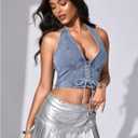 MakeMeChic Women's Denim Corset Top Jean Halter Crop Top Lace Up Y2K Vest Top (Blue, L)