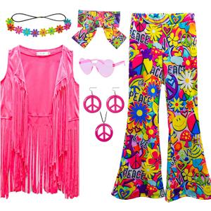 8 Pcs Girls Kids 60s 70s Hippie Costume Disco Outfits Fringe Vest Boho Bell Bottoms Hippie Outfits Accessories Set (5-6 Years, Peace Love)