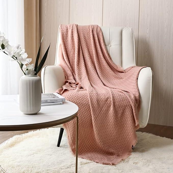 CREVENT Farmhouse Boho Knitted Throw Blanket for Couch Sofa Chair Bed Home Decoration, Soft Warm Cozy Light Weight for Spring Summer Fall (50''X60'')