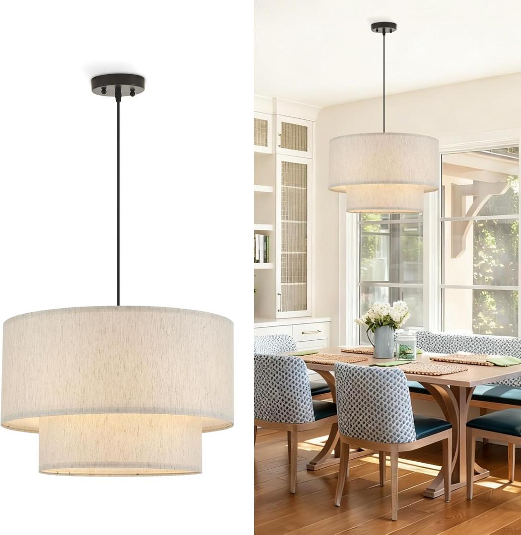 VILUXY Drum Fabric Pendant Light Farmhouse White Chandelier Double Drum Shade Hanging Ceiling Light Fixture 3 Lights Linen for Bedroom Dining Room Living Room Entryway