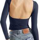 SUUKSESS Women Backless Going Out Tops Double Lined Open Back Basic Long Sleeve (Medium, Navy)