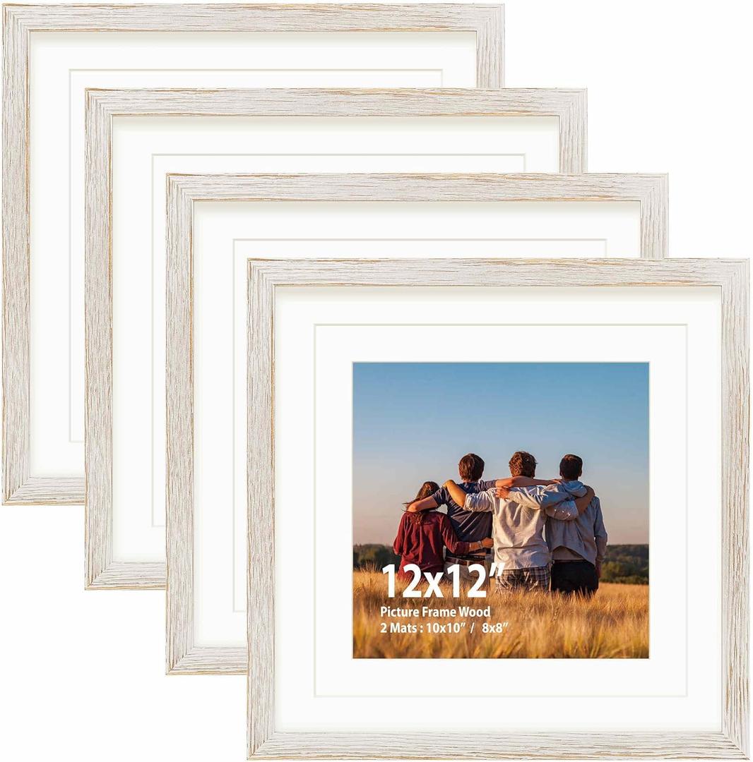 12x12 Picture Frame Set,Solid Wood,Not Glass,Display Pictures 8x8,10x10 with Mat or 12x12 Without Mat,Stable Sturdy Hanging Picture Frames for Wall Mounting or Tabletop (White Brown,12x12,Set of 4)