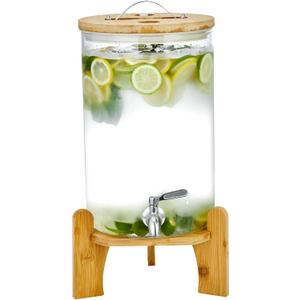 Beverage Dispenser 2.1 Gallon with Spigot Glass Water Dispenser for Parties, Bars, Restaurants (8Lwith Wood Stand Drink Dispensers