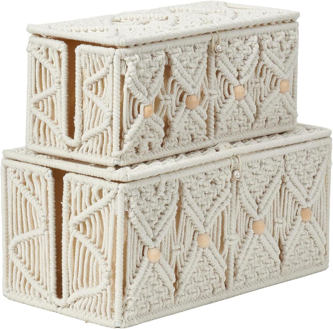 2PCS Cable Management Boxes Handmade Macrame Cord Storage Organizer Power Strips Outlet Router TV Wire Hider Cover Under Desk Natural Cotton Rope Woven Box with Lid (1 Large 1 Medium)