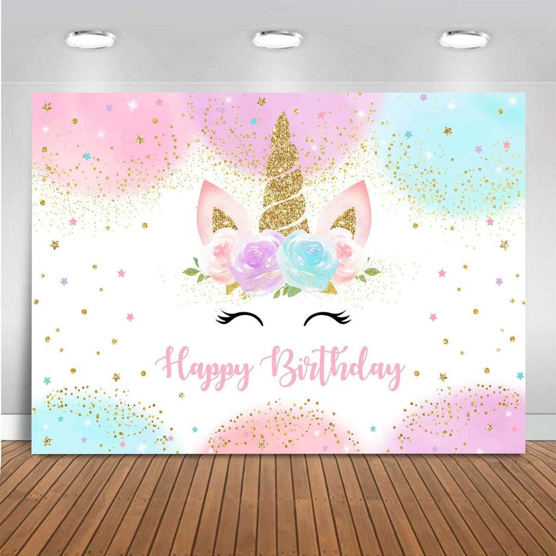 Mocsicka Unicorn Birthday Decorations Backdrop for Girls Party 5x3ft Pastel Rainbow Glitter Stars Dots Happy Birthday Banner Photo Booth Props