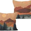 Boho Throw Pillow Covers - Mountain Nature Landscape Forest Linen 18 x 18 Set of 2 for Bed Home Room Sofa Decorations