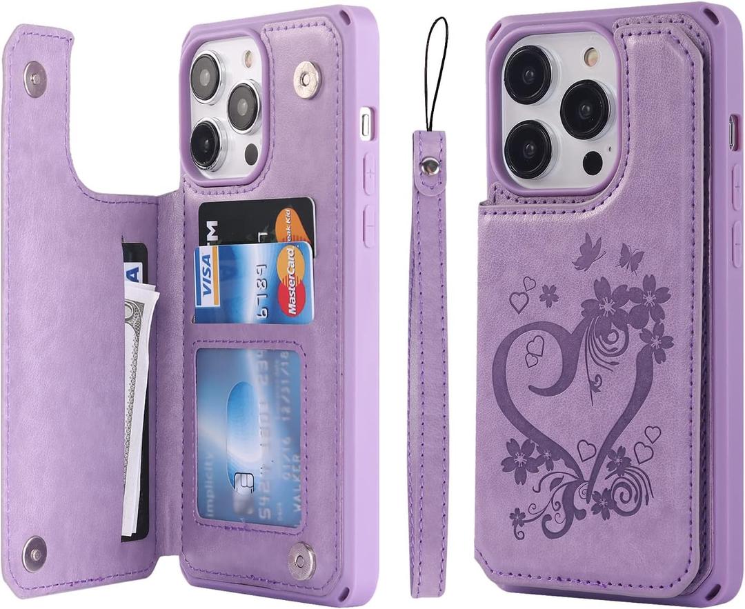 Cavor for iPhone 14 Pro Case with Card Holder,for iPhone 14 Pro Wallet Case for Women Men,Phone Case for iPhone 14 pro with Stand Credit Card Holder, Leather Strap Shockproof Cover- Purple