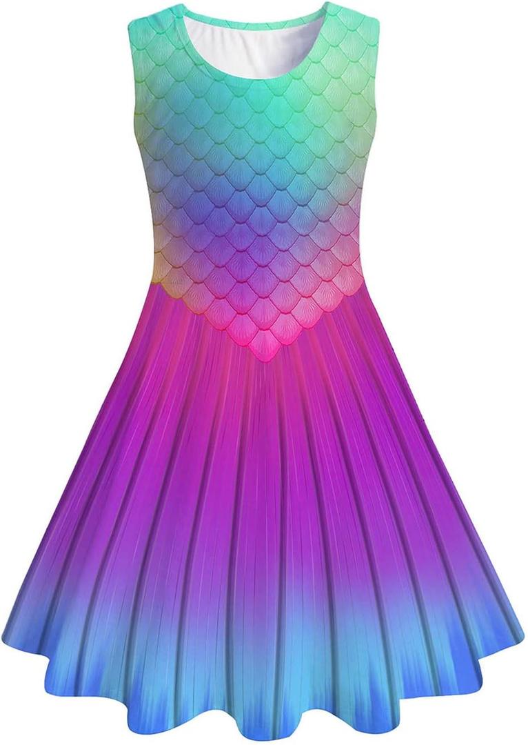 Funnycokid Girls Dress Summer Sleeveless Sundress Birthday Outfit Twirly Mermaid Party Kids 4-15 Years (9-10 Years)