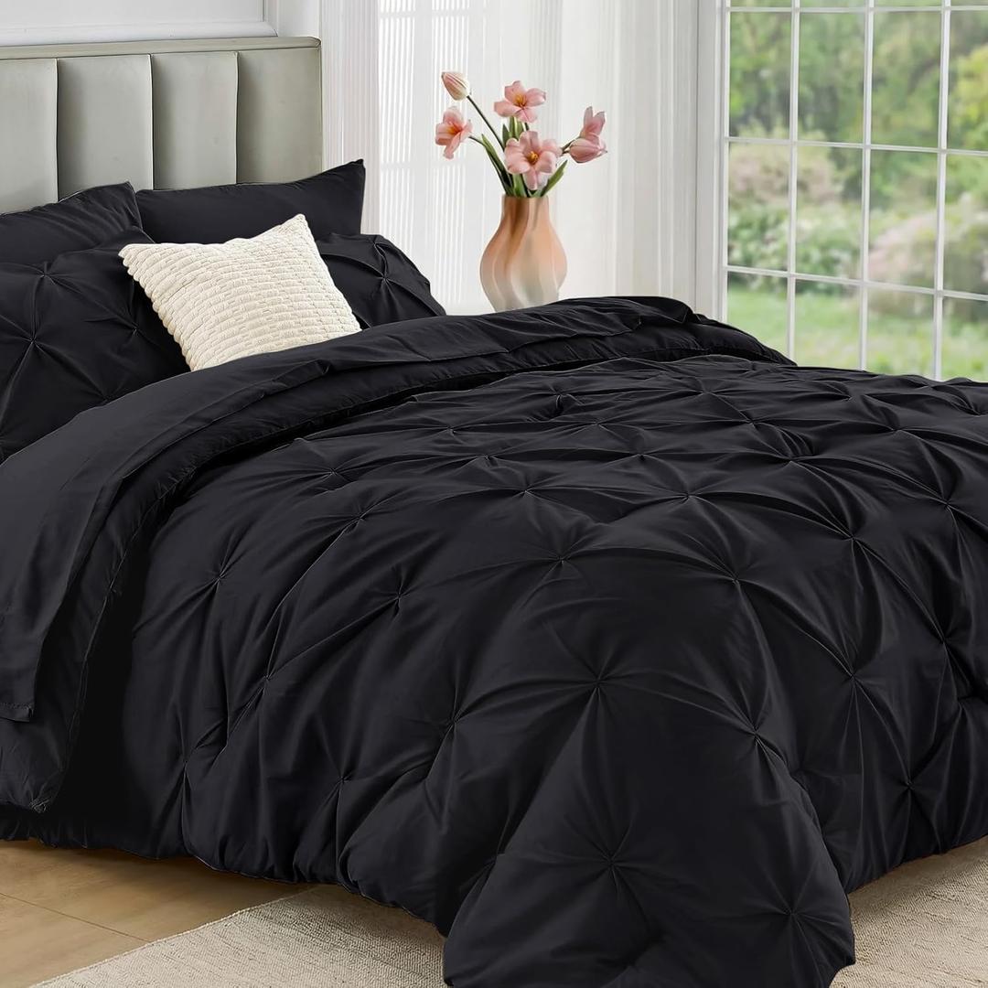 JOLLYVOGUE Black Queen Comforter Set 7 Pieces - Bed in a Bag Queen for All Season, Pintuck Bedding Comforter Sets with Comforter, Flat Sheet, Fitted Sheet and Pillowcases & Shams