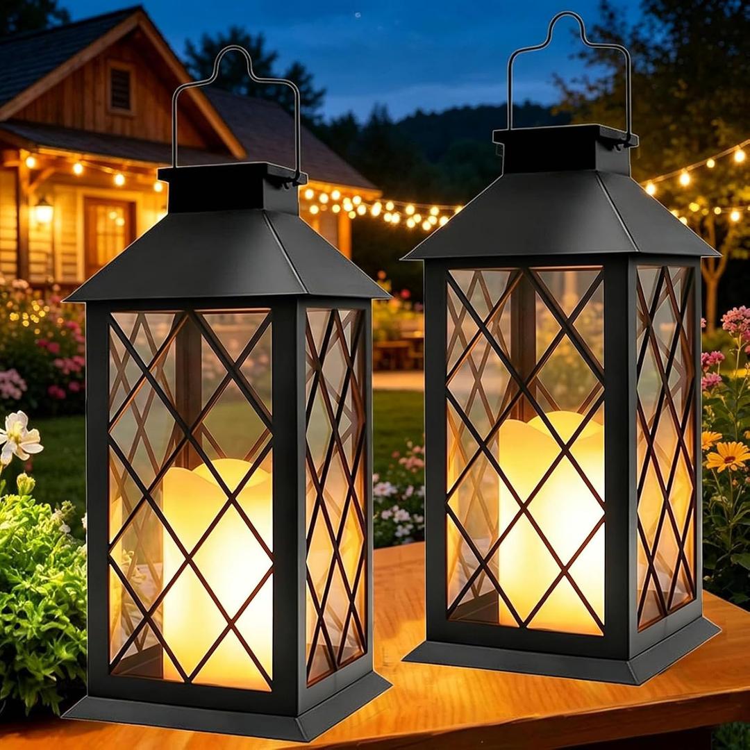 Yowin Solar Lanterns Outdoor Waterproof 2 Pack 14" Large Tempered Glass Hanging Solar Lantern with Flameless Candle, Garden Gifts, Wall Lamp for Backyard Porch Patio Lawn Vintage Decorations - Black