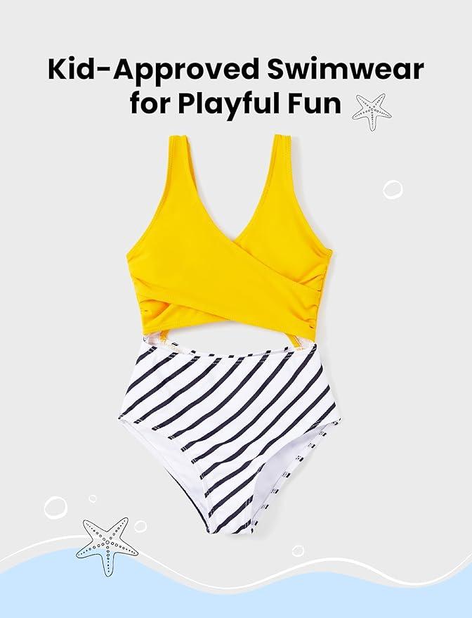 PATPAT Family Matching Swimsuits Cutout One Piece Spliced Monokinis Striped Lines Print Quick Dry Beach Wear Cute Bathing Suits for Toddler Girl 3-4 Years yellow w stripes, use photo as reference