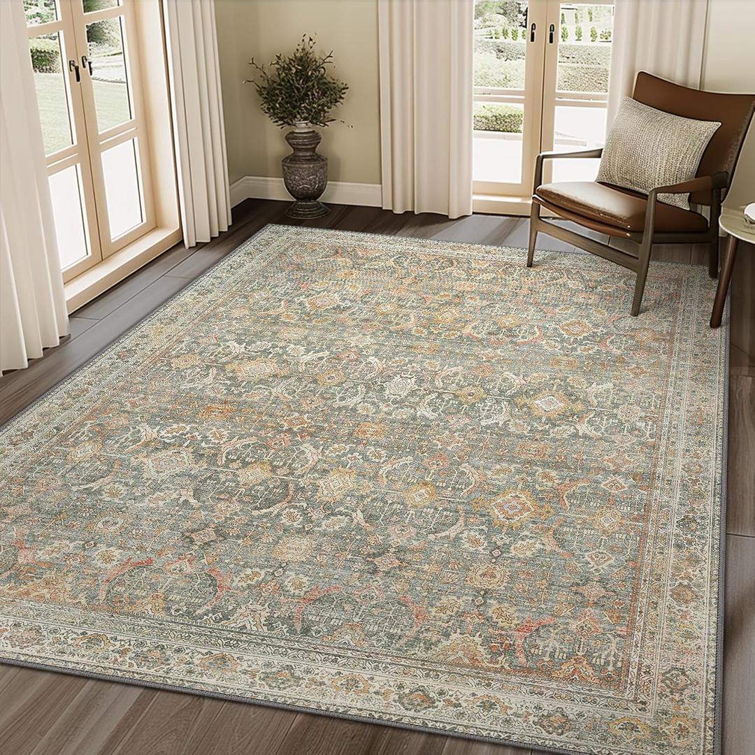 6X9 Area Rugs Machine Washable Rugs for Living Room, Vintage Boho Large Rugs for Bedroom Dining Room, Non Slip Indoor Soft Distressed Lightweight Thin Low Pile Carpet, Turmeric