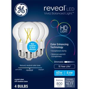 GE Reveal HD+ LED Light Bulbs, 60 Watt, A19 Bulbs (4 Pack)