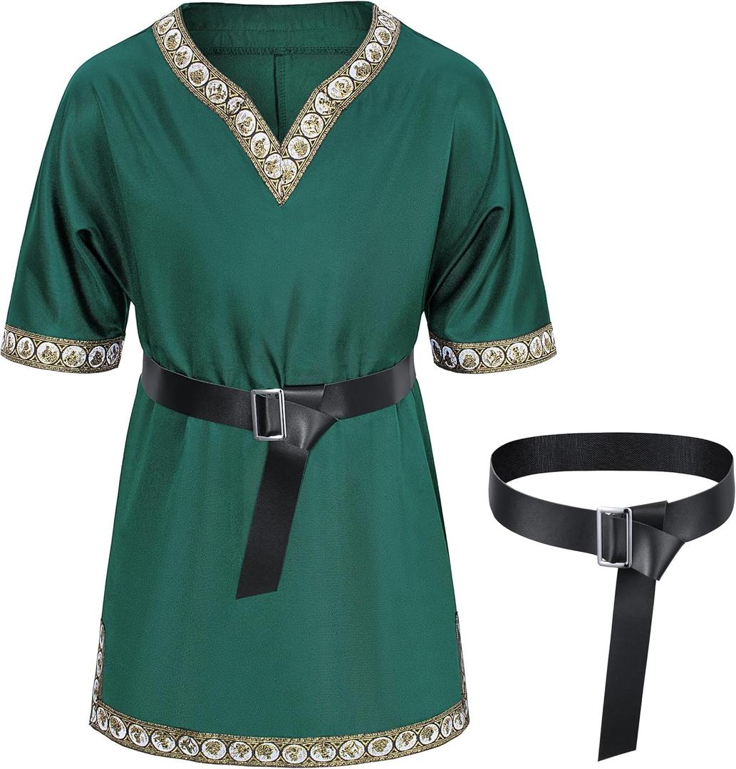 Kids Medieval Costume Boys Viking Tunic Knight Warrior Renaissance Shirts with Belt (3-4T, Green)