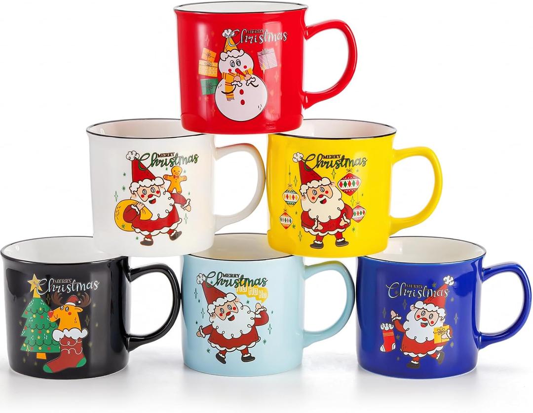 Elsjoy 6 Pack 14 Oz Christmas Coffee Mug Set, Merry Christmas Ceramic Coffee Mug Christmas Theme Mug Set, Colorful Mugs with Handle for Holiday, Christmas Gift