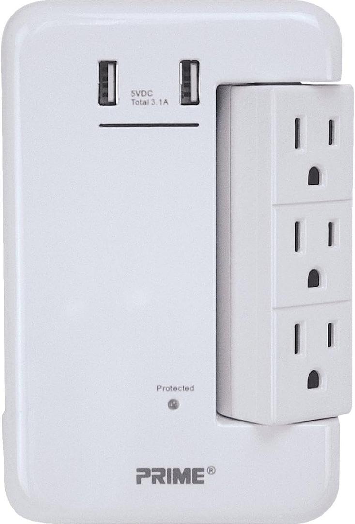 Prime PBRUSB346S 6-Outlet Wall Tap with 1,200-Joule Surge Protection and Dual USB Charger