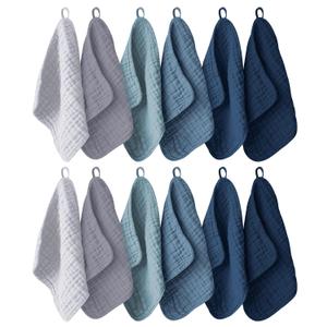 12 Pack Muslin Washcloths for Baby - 100% Cotton Baby Wash Cloths for or Baby Face Body Comfy and Soft for Newborn Infants Kids Girls and Boys - 12"x12" - Slate, Grey and Navy Series