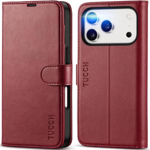 TUCCH Case Wallet for iPhone 17 Pro (6.3") 2025, Stand | RFID Blocking | 4 Card Holders | TPU Shockproof Inner Shell | PU Leather | Magnetic Closure Folio Protective Cover | Dark Red