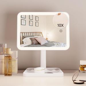 FUNTOUCH Rechargeable Lighted Mirrors for Makeup, 2000mAh, 10X Magnification/3 Color Lighting Portable Tabletop Cosmetic Make Up Mirror, 360 Rotation Led Light up Mirrors with Storage,White (8.85"lx6.5"w-white-s)