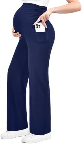 Ipletix Maternity Wide-Leg Lounge Pants with Pockets Over The Belly Soft Stretchy Pregnancy Wear (XXL, Navy)