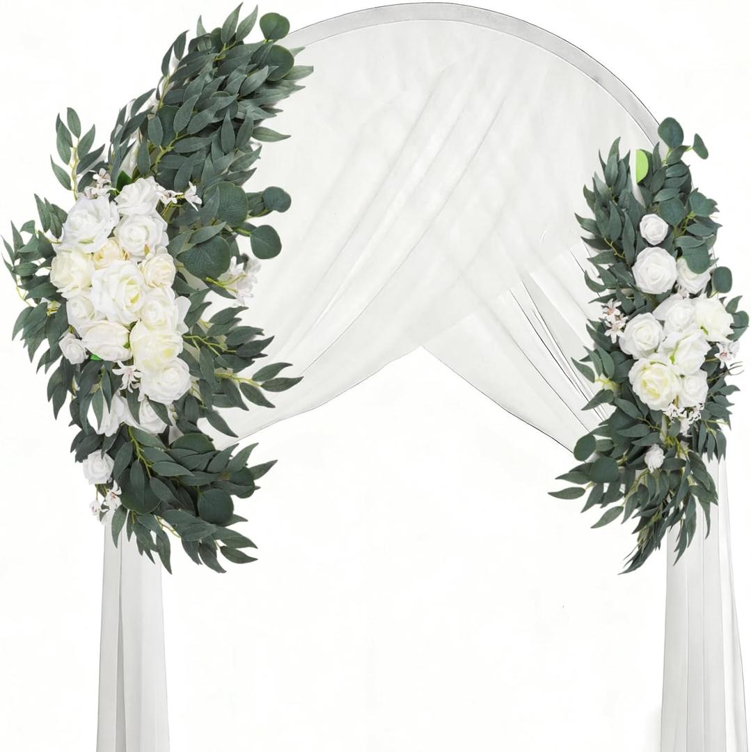 2 Pack Artificial Wedding Arch Flowers, 28/20 Floral Swag Arrangement Set, Wedding Welcome Signs Floral Decorations Kit for Ceremony Reception, Backdrop Table Decor, Drap Not Included (White, Green)