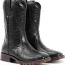 RLW Men's Western Cowboy Boots, Square Toe Work Boots with Comfortable Synthetic Leather for Riding Farming (10.5, Black)