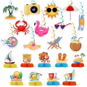 21 Pcs Summer Party Decorations, Beach Honeycomb Centerpieces, Summer Beach Hanging Decor for Beach Birthday Party and Summer Time Hawaii Party, Set of 4
