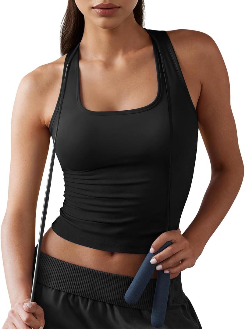 Fisoew Womens Square Neck Sleeveless Tank Top Built-in Bra Racerback Tank Fitted Y2K Basic Workout Crop Tops (Black, XL)