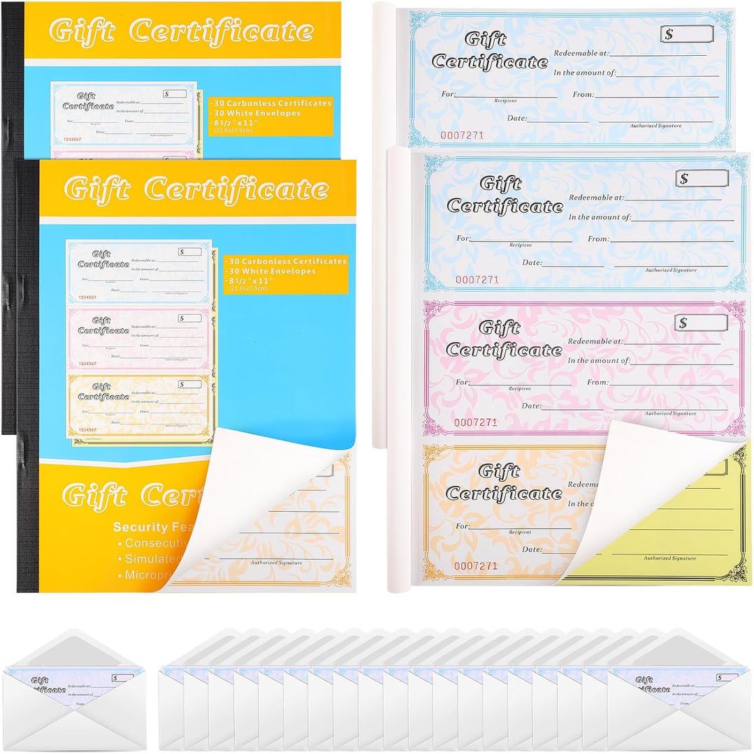 Zhanmai Gift Certificate Book with Envelope 3 Coupons Per Page with Carbonless Copy Paper Multicolor Gift Certificate Suitable for Businesses Restaurants Shopping Malls Offices(2 Pack)