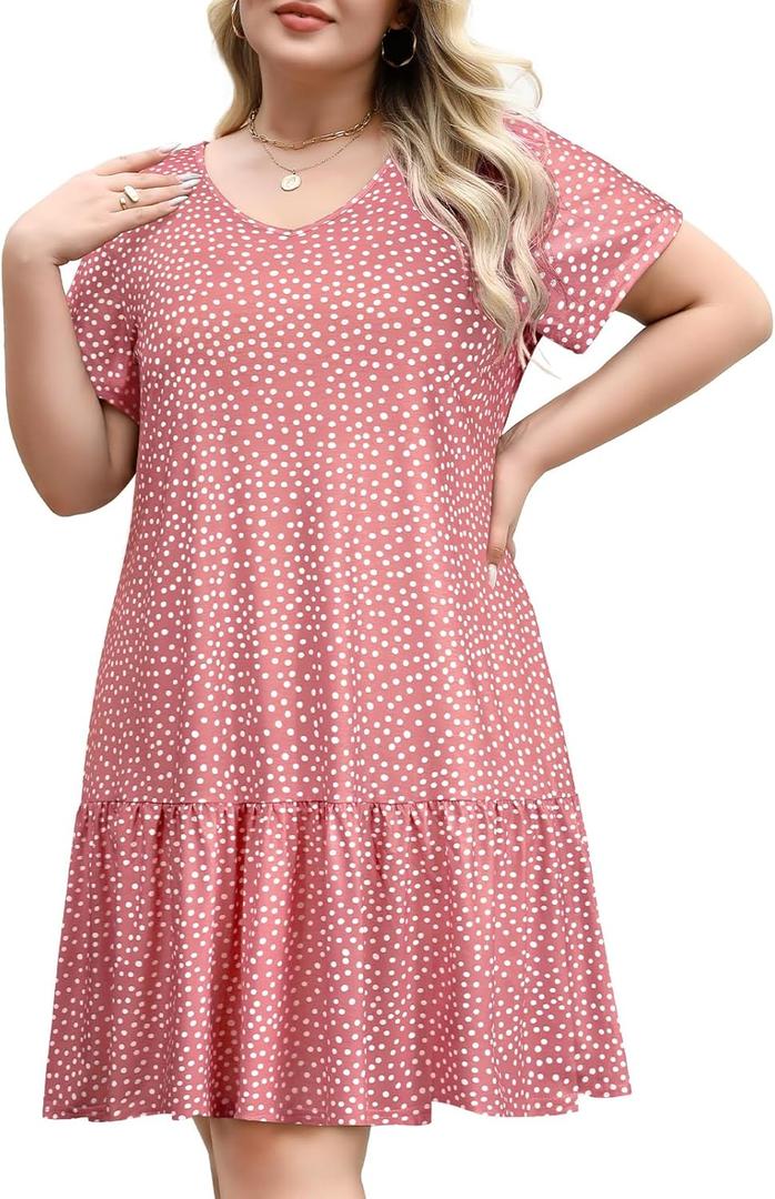 Women's Plus Size Tiered Midi Tunic Dresses 2025 Sexy V Neck Short Sleeve Casual Summer Loose T Shirt Sun Dress (Pink With White Polka Dots)