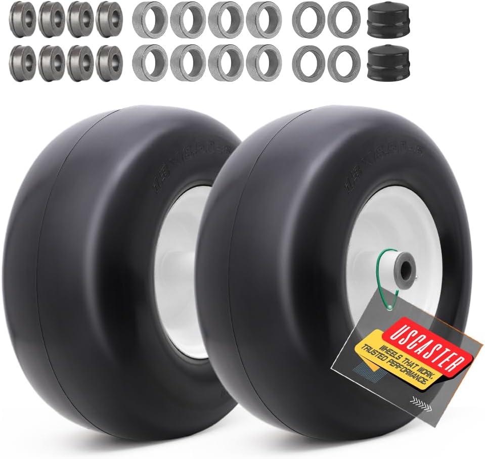 13x6.50-6 Lawn Mower Tires Flat Free with Rim Assemblies (2 Pack),Universal 13x6.5-6 Solid Smooth Rubber Zero-Turn Lawn mowers Tire,5.5"-7.72Centered Hub and 3/4" extra 5/8" 1/2 Bushings (White)