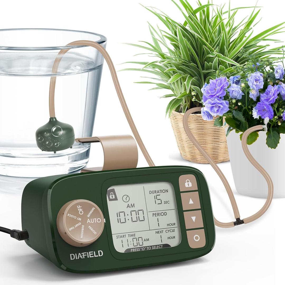 DIAFIELD Automatic Drip Irrigation Kit, Self Watering System for 15 Potted Plants Indoor, Drip Irrigation System for Garden with Water Timer and LCD Display, Power by AC Plug & No Battery Backup (Green)