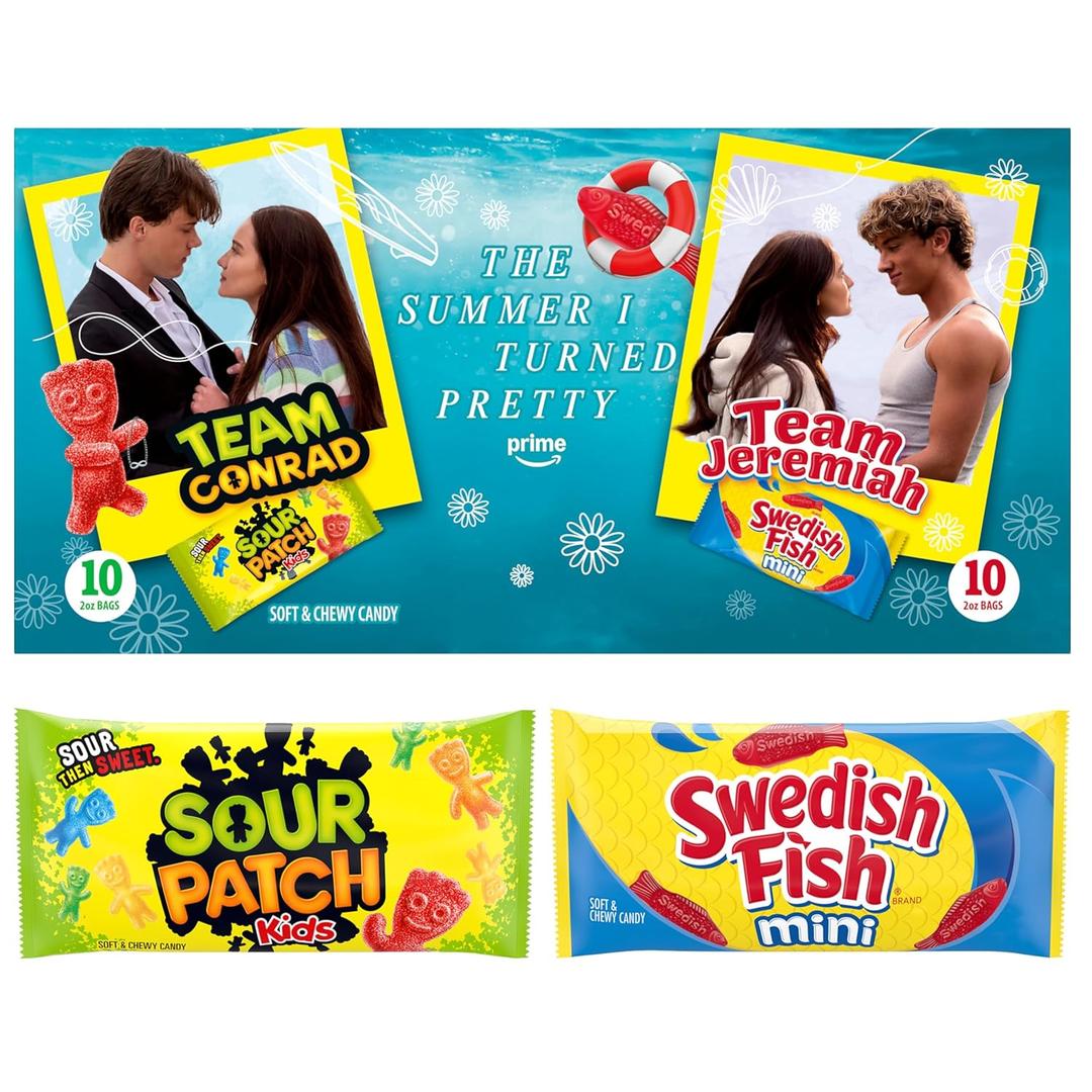 SOUR PATCH KIDS and SWEDISH FISH Mini The Summer I Turned Pretty Soft & Chewy Candy Variety Pack, Bulk Candy, 20 Snack Packs, BB 02/22/2026