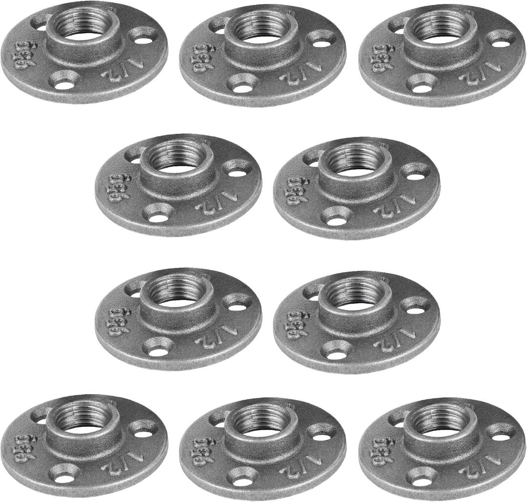 1/2" Mini Flange Fitting, PIPE DECOR Black Malleable Iron Fittings Fit Standard 1/2 Inch Pipes, Nipples and Fittings, Build Vintage DIY Furniture, 10 Pack