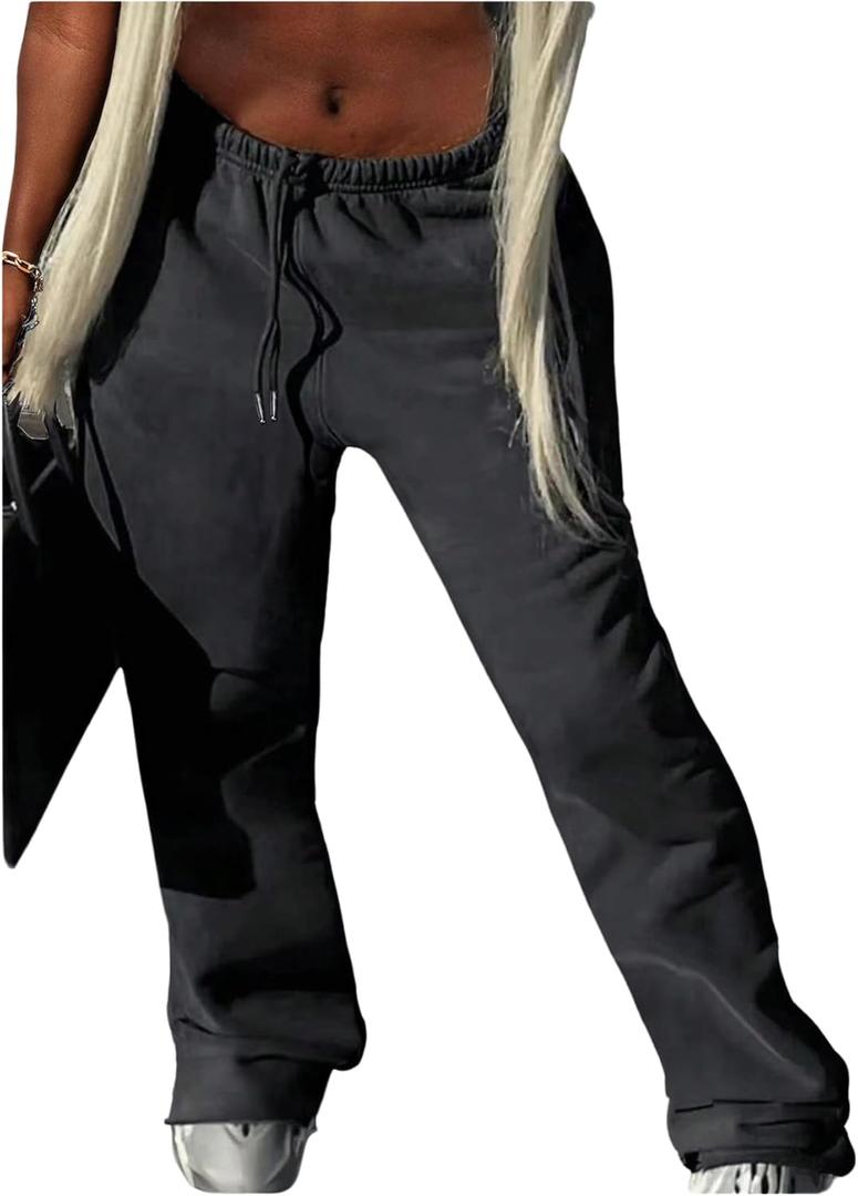 GORGLITTER Women's Low Rise Sweatpants Wide Leg Sweat Pants Drawstring Elastic Waist Casual Workout Pants (Black)