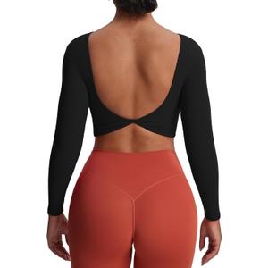 Aoxjox Long Sleeve Crop Tops for Women Emma Twist Back Workout Cropped T Shirt Top (Small, Black)