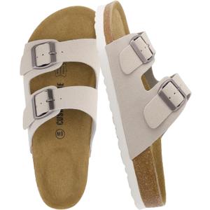 CUSHIONAIRE Lane Cork Footbed Sandals for Women  Comfortable Double Buckle Slip-On with Genuine Suede Footbed & Arch Support Slides for Women Footwear (9 Wide)