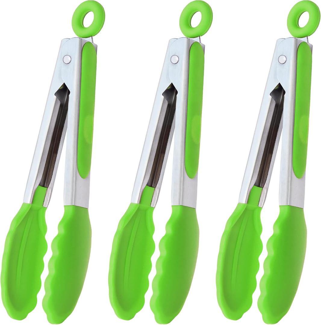Mini Tongs with Silicone Tips 7 Inches Silicone Cooking Tongs, Set of 3 (Green)