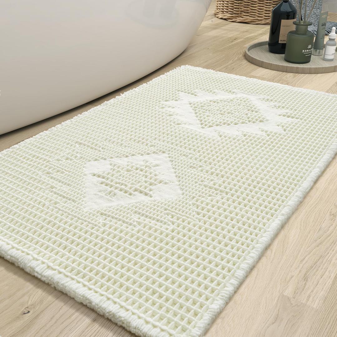 COCOER Waffle Bathroom Runner Rug, Super Absorbent Bath Mat, Machine Washable Non Slip Bath Rug with Tassels, Soft Bathroom Mat for Laundry Room Bedside Hallway, Cream White 17"x39" (Ivory)