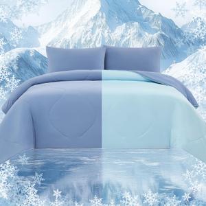 Cooling Comforter Set Queen- Blue Reversible Cooling Comforter Set with Sheets - Soft Breath Comforter 4pcs Set (Comforter+Fitted Sheets+2Pillowcases)