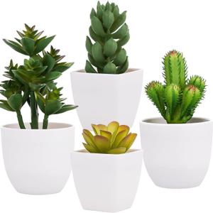 Set of 4 Artificial Succulents Plants Small Fake Succulent Plants in White Pot for Table Shelf Windowsill Indoor Outdoor Garden Greenery Decor