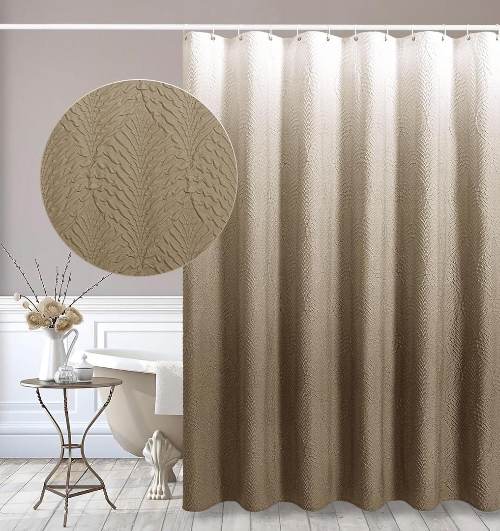 Gibelle Ombre Brown Shower Curtain for Bathroom, 3D Embossed Textured Fabric Shower Curtain, Modern Farmhouse Chic Soft Cloth Shower Curtain Set with Hooks, 72x72
