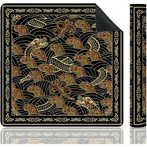 Black and Gold Sea Wave Dragon Mahjong Mat 31.5"x31.5", Oriental Traditional Japanese Non-Slip Mahjong Mat Accessories for Dominoes Poker Card Board and Tile Games Gifts